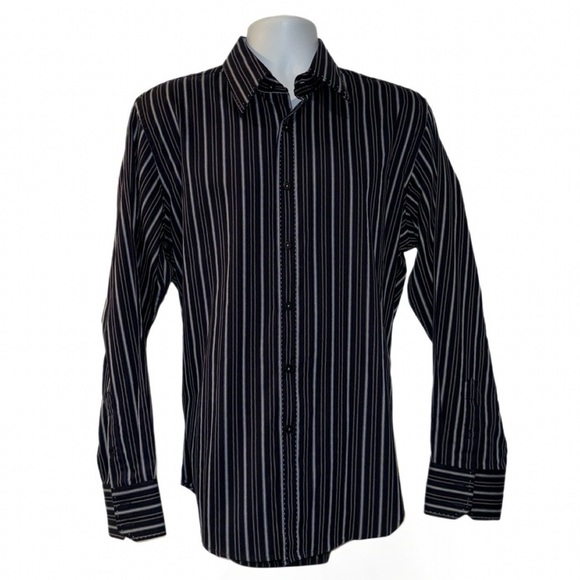 7 Diamonds Men’s Long Sleeve Button-Up Shirt Navy & Light Blue Stripe 100%Cotton - Picture 2 of 12